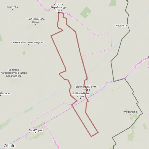 Map miniature of "Gravel Escape" cycling inspiration in Autonomous Province of Vojvodina, Serbia. Generated by Tarmacs.app cycling route planner