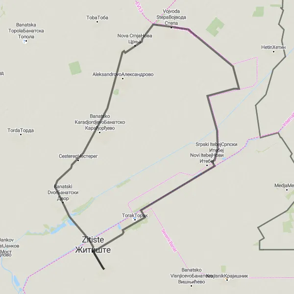 Map miniature of "Discover the Countryside of Banatski Dvor and Nova Crnja" cycling inspiration in Autonomous Province of Vojvodina, Serbia. Generated by Tarmacs.app cycling route planner