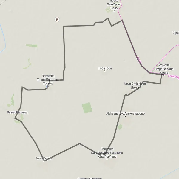 Map miniature of "Rural Landscapes of Banatska Topola" cycling inspiration in Autonomous Province of Vojvodina, Serbia. Generated by Tarmacs.app cycling route planner