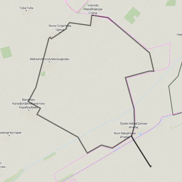 Map miniature of "Aleksandrovo and Novi Itebej Road Cycling Adventure" cycling inspiration in Autonomous Province of Vojvodina, Serbia. Generated by Tarmacs.app cycling route planner