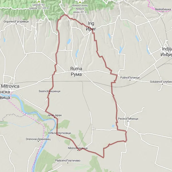 Map miniature of "Vrdnik - Dobrinci - Vrdnik" cycling inspiration in Autonomous Province of Vojvodina, Serbia. Generated by Tarmacs.app cycling route planner