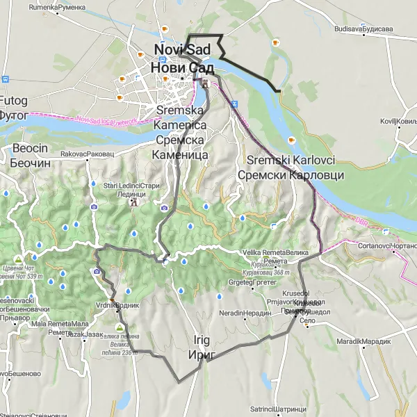 Map miniature of "Fortresses and Monasteries" cycling inspiration in Autonomous Province of Vojvodina, Serbia. Generated by Tarmacs.app cycling route planner