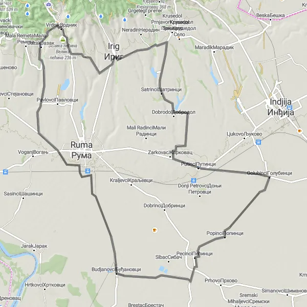 Map miniature of "Vrdnik - Vršac - Vrdnik" cycling inspiration in Autonomous Province of Vojvodina, Serbia. Generated by Tarmacs.app cycling route planner