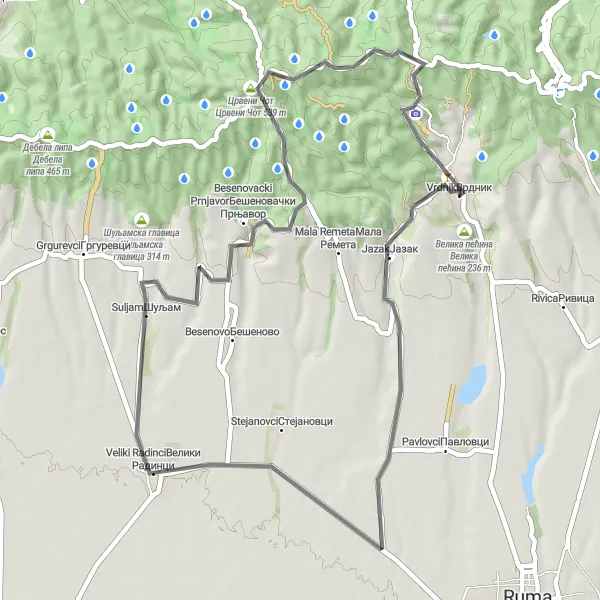 Map miniature of "Vrdnik and Surrounding Villages" cycling inspiration in Autonomous Province of Vojvodina, Serbia. Generated by Tarmacs.app cycling route planner