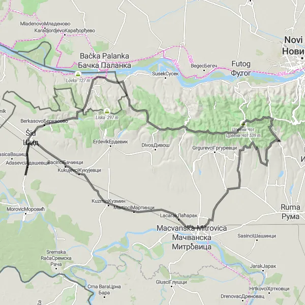 Map miniature of "Grand Tour of Vojvodina" cycling inspiration in Autonomous Province of Vojvodina, Serbia. Generated by Tarmacs.app cycling route planner