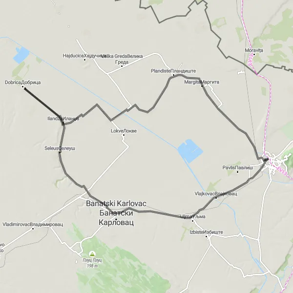 Map miniature of "Vršac to Nikolinci Loop" cycling inspiration in Autonomous Province of Vojvodina, Serbia. Generated by Tarmacs.app cycling route planner
