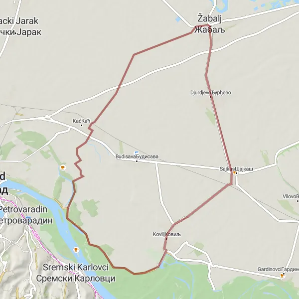 Map miniature of "Djurdjevo and Kovilj Adventure" cycling inspiration in Autonomous Province of Vojvodina, Serbia. Generated by Tarmacs.app cycling route planner