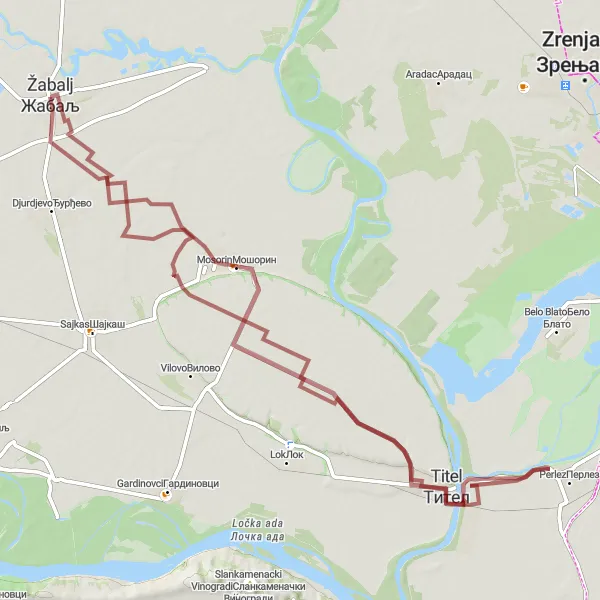 Map miniature of "Titel and Knicanin Expedition" cycling inspiration in Autonomous Province of Vojvodina, Serbia. Generated by Tarmacs.app cycling route planner
