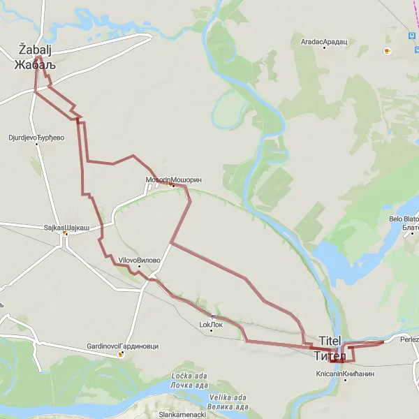 Map miniature of "Gravel Adventure in Vilovo" cycling inspiration in Autonomous Province of Vojvodina, Serbia. Generated by Tarmacs.app cycling route planner