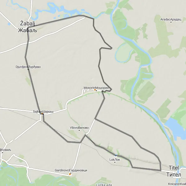 Map miniature of "Mosorin and Sajkas Loop (Road)" cycling inspiration in Autonomous Province of Vojvodina, Serbia. Generated by Tarmacs.app cycling route planner