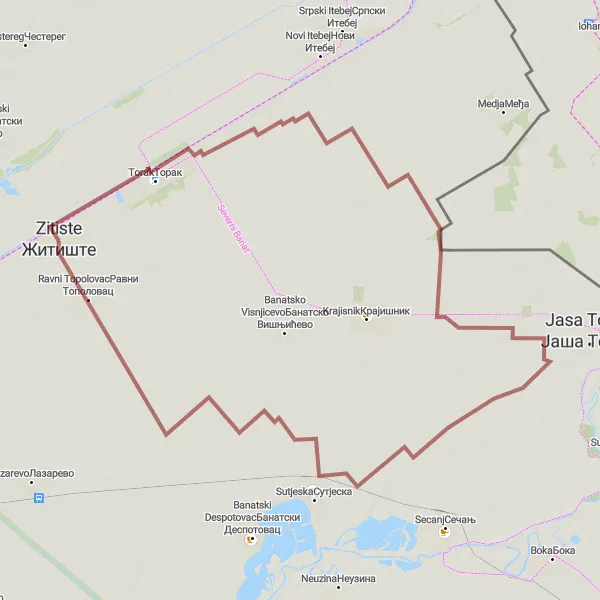 Map miniature of "Busenje Gravel Route" cycling inspiration in Autonomous Province of Vojvodina, Serbia. Generated by Tarmacs.app cycling route planner