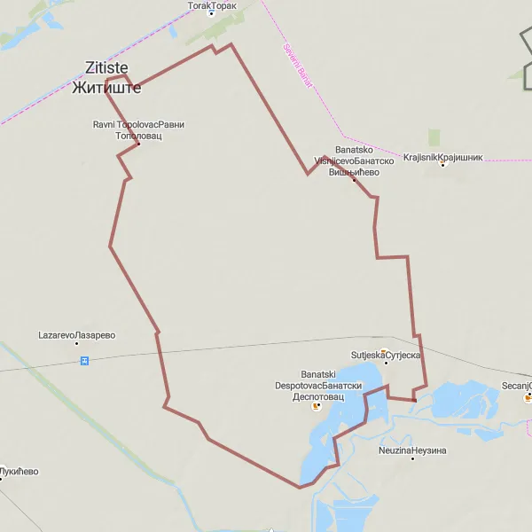 Map miniature of "Banatsko Visnjicevo Gravel Route" cycling inspiration in Autonomous Province of Vojvodina, Serbia. Generated by Tarmacs.app cycling route planner