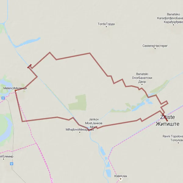 Map miniature of "Tranquil Gravel Loop" cycling inspiration in Autonomous Province of Vojvodina, Serbia. Generated by Tarmacs.app cycling route planner