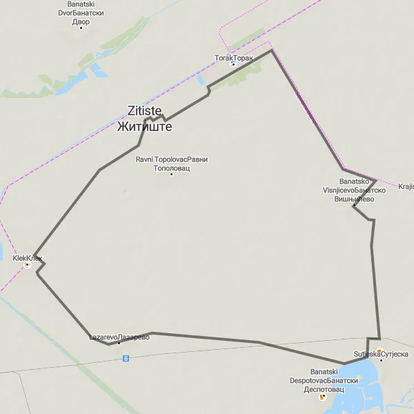 Map miniature of "Torak Road Route" cycling inspiration in Autonomous Province of Vojvodina, Serbia. Generated by Tarmacs.app cycling route planner