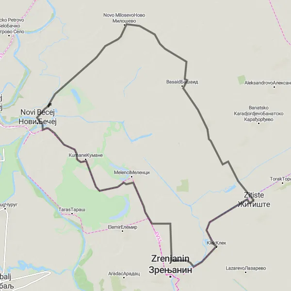 Map miniature of "Novi Becej Road Route" cycling inspiration in Autonomous Province of Vojvodina, Serbia. Generated by Tarmacs.app cycling route planner