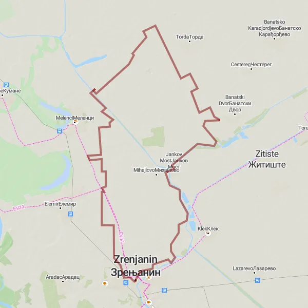 Map miniature of "Zrenjanin Gravel Loop" cycling inspiration in Autonomous Province of Vojvodina, Serbia. Generated by Tarmacs.app cycling route planner