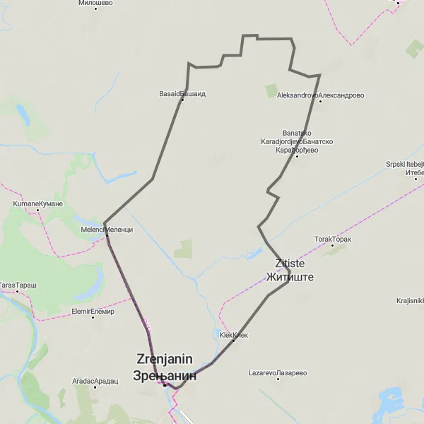 Map miniature of "Banatska Topola Road Loop" cycling inspiration in Autonomous Province of Vojvodina, Serbia. Generated by Tarmacs.app cycling route planner