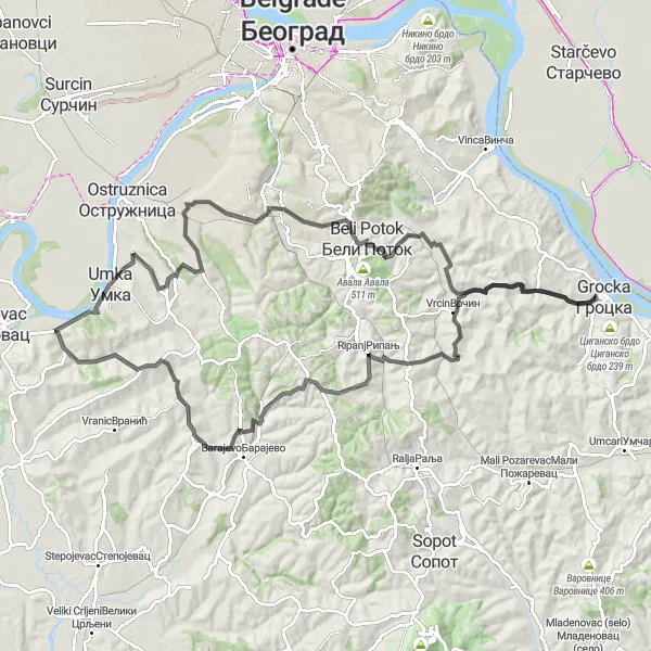 Map miniature of "Petlovo brdo Challenge" cycling inspiration in City of Belgrade, Serbia. Generated by Tarmacs.app cycling route planner