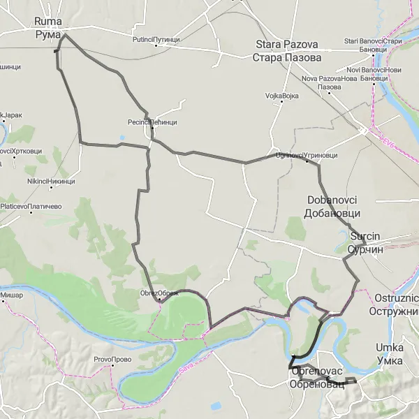 Map miniature of "Boljevci and Beyond" cycling inspiration in City of Belgrade, Serbia. Generated by Tarmacs.app cycling route planner