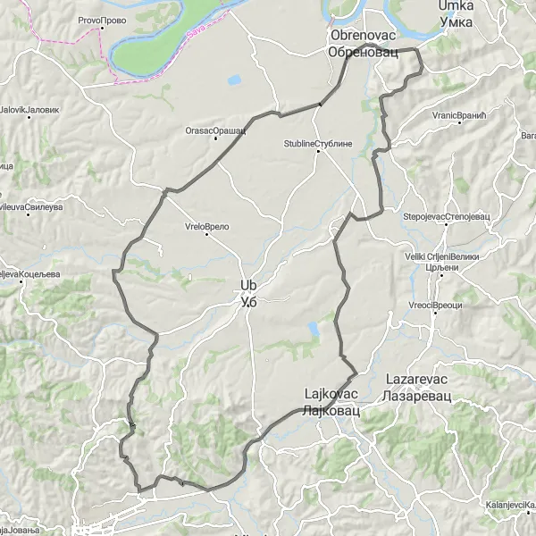 Map miniature of "Challenging Ride to Obrenovac through Zabrdica and Banjani" cycling inspiration in City of Belgrade, Serbia. Generated by Tarmacs.app cycling route planner