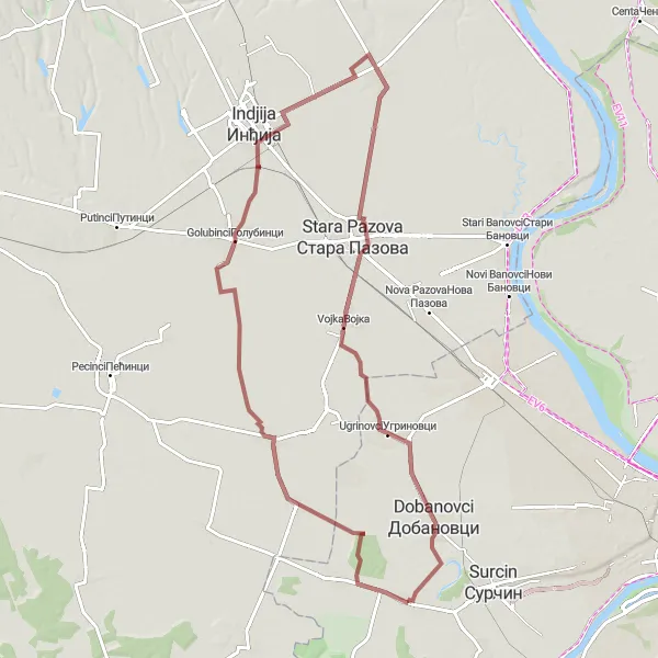Map miniature of "Gravel Adventure: Bečmen to Simanovci" cycling inspiration in City of Belgrade, Serbia. Generated by Tarmacs.app cycling route planner