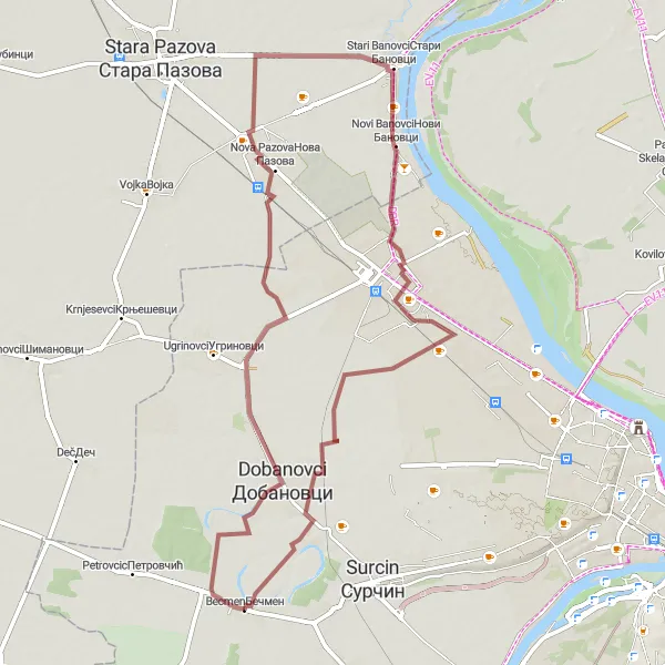 Map miniature of "Discovering Danube: Bečmen to Novi Banovci" cycling inspiration in City of Belgrade, Serbia. Generated by Tarmacs.app cycling route planner