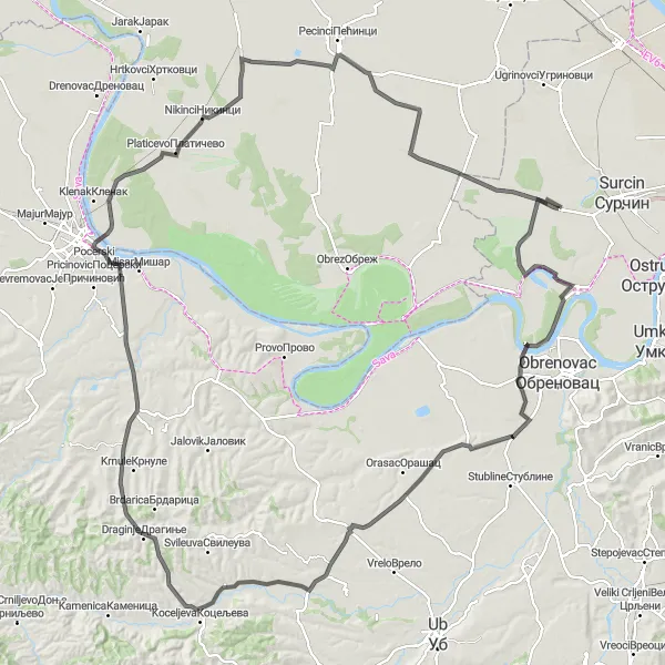 Map miniature of "Challenging Road Cycling Route to Boljevci, Zvecka, Banjani, Novaci, Draginje, Cerovac, Platicevo, Budjanovci, Karlovcic, and Petrovcic" cycling inspiration in City of Belgrade, Serbia. Generated by Tarmacs.app cycling route planner