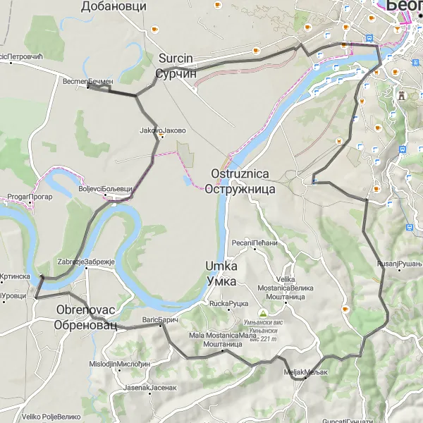 Map miniature of "Becmen Loop" cycling inspiration in City of Belgrade, Serbia. Generated by Tarmacs.app cycling route planner