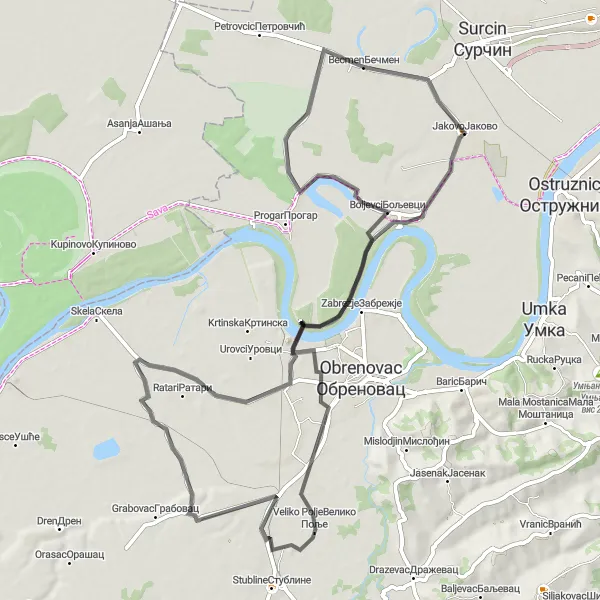 Map miniature of "Exploring Belgrade - Bečmen to Boljevci" cycling inspiration in City of Belgrade, Serbia. Generated by Tarmacs.app cycling route planner