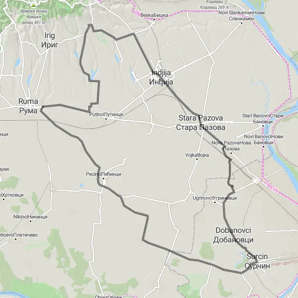 Map miniature of "Moderate Road Cycling Route to Petrovcic, Karlovcic, Kraljevci, Satrinci, Indjija, and Stara Pazova" cycling inspiration in City of Belgrade, Serbia. Generated by Tarmacs.app cycling route planner