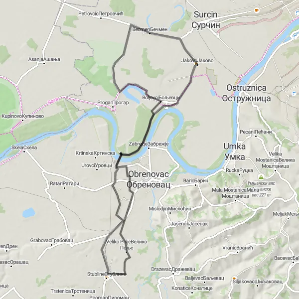 Map miniature of "Road Cycling Route to Jakovo, Zabrezje, Zvecka, and Boljevci" cycling inspiration in City of Belgrade, Serbia. Generated by Tarmacs.app cycling route planner