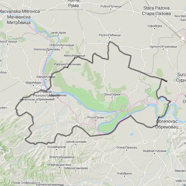 Map miniature of "Scenic Road Cycling Route to Boljevci, Skela, Debrc, Matijevac, Slatina, Bogosavac, Platicevo, Brestac, Karlovcic, and Petrovcic" cycling inspiration in City of Belgrade, Serbia. Generated by Tarmacs.app cycling route planner