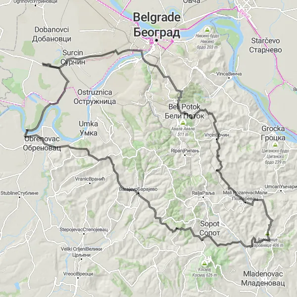 Map miniature of "Serbian Hills: Becmen to Barajevo" cycling inspiration in City of Belgrade, Serbia. Generated by Tarmacs.app cycling route planner