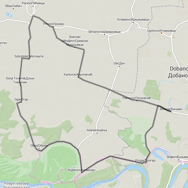 Map miniature of "Leisurely Road Cycling Route to Becmen, Kupinovo, Ogar, Sremski Mihaljevci, and Petrovcic" cycling inspiration in City of Belgrade, Serbia. Generated by Tarmacs.app cycling route planner