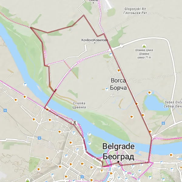 Map miniature of "Historical Journey to Kovilovo" cycling inspiration in City of Belgrade, Serbia. Generated by Tarmacs.app cycling route planner