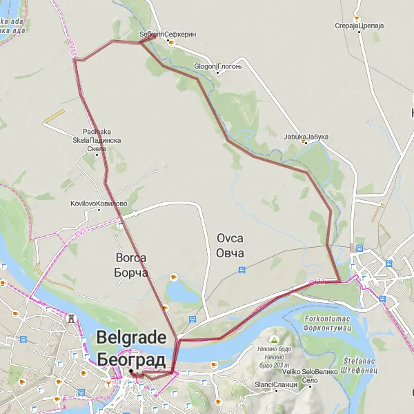 Map miniature of "The Gravel Adventure" cycling inspiration in City of Belgrade, Serbia. Generated by Tarmacs.app cycling route planner