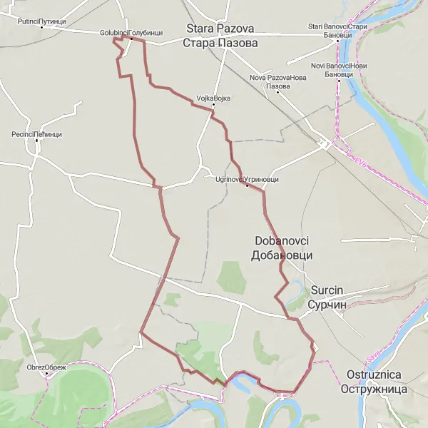 Map miniature of "Gravel Adventure to Golubinci" cycling inspiration in City of Belgrade, Serbia. Generated by Tarmacs.app cycling route planner