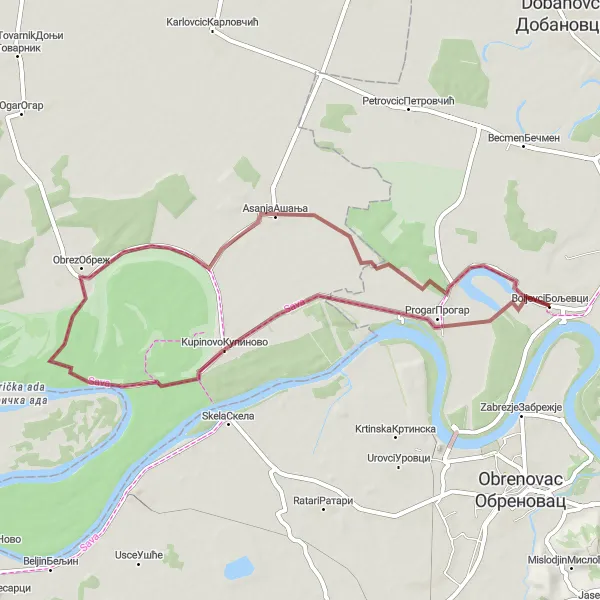 Map miniature of "Explore Kupinovo on a Gravel Adventure" cycling inspiration in City of Belgrade, Serbia. Generated by Tarmacs.app cycling route planner