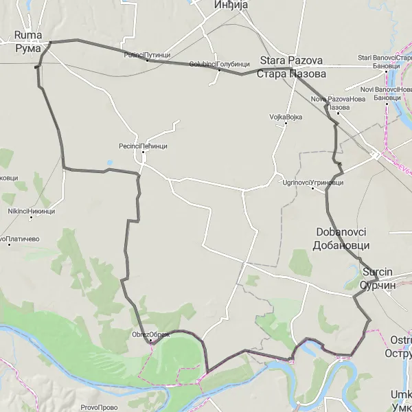 Map miniature of "Countryside Exploration to Dobanovci" cycling inspiration in City of Belgrade, Serbia. Generated by Tarmacs.app cycling route planner