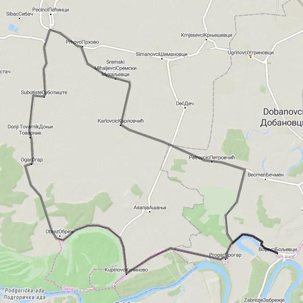 Map miniature of "Scenic Road Cycling to Ogar" cycling inspiration in City of Belgrade, Serbia. Generated by Tarmacs.app cycling route planner