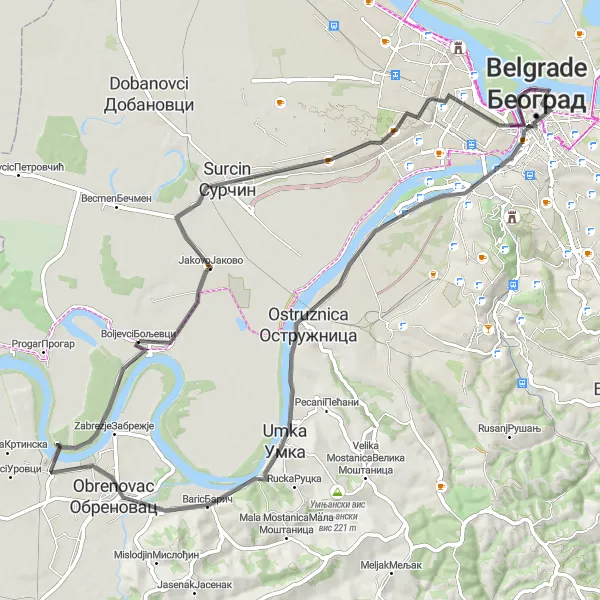 Map miniature of "Boljevci Loop" cycling inspiration in City of Belgrade, Serbia. Generated by Tarmacs.app cycling route planner
