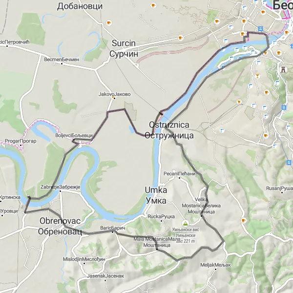 Map miniature of "Serbia's Countryside Escape" cycling inspiration in City of Belgrade, Serbia. Generated by Tarmacs.app cycling route planner