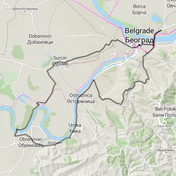 Map miniature of "Challenge Yourself on a Century Ride" cycling inspiration in City of Belgrade, Serbia. Generated by Tarmacs.app cycling route planner