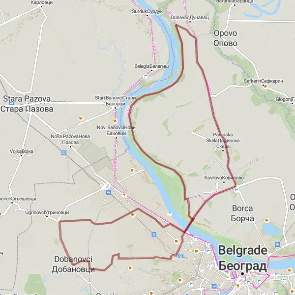 Map miniature of "Besni Fok Gravel Glory" cycling inspiration in City of Belgrade, Serbia. Generated by Tarmacs.app cycling route planner