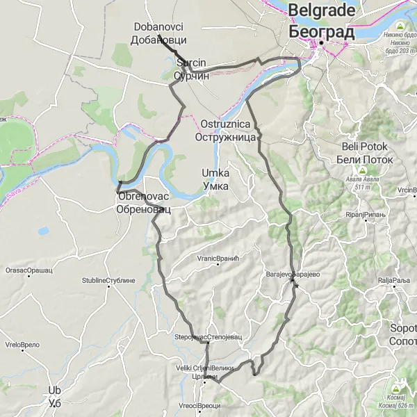 Map miniature of "Serbian Countryside Expedition" cycling inspiration in City of Belgrade, Serbia. Generated by Tarmacs.app cycling route planner