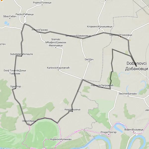 Map miniature of "Scenic Road Journey to Simanovci" cycling inspiration in City of Belgrade, Serbia. Generated by Tarmacs.app cycling route planner