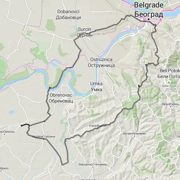 Map miniature of "The Zvecka Adventure: Road Cycling Challenge near Grabovac" cycling inspiration in City of Belgrade, Serbia. Generated by Tarmacs.app cycling route planner
