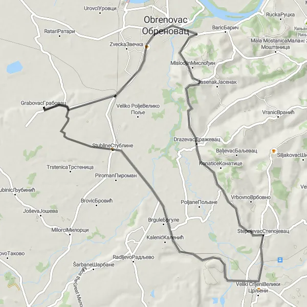 Map miniature of "The Stepojevac Loop: Road Cycling Adventure near Grabovac" cycling inspiration in City of Belgrade, Serbia. Generated by Tarmacs.app cycling route planner