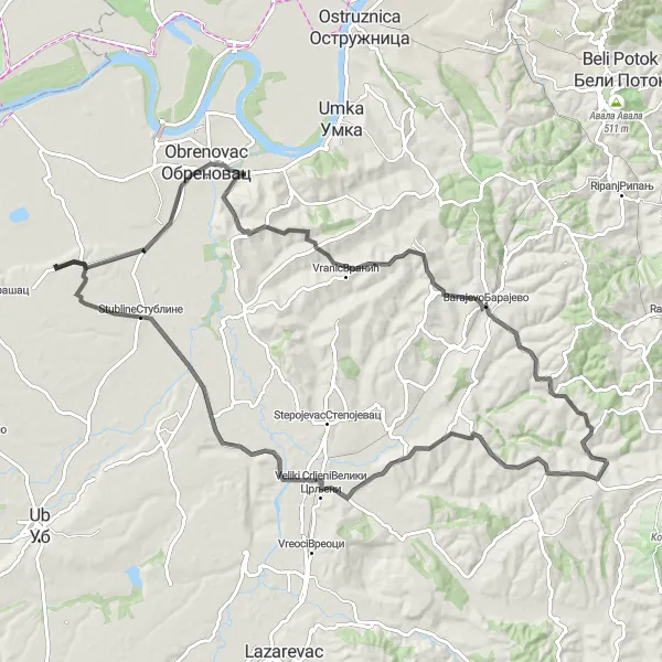 Map miniature of "The Obrenovac Challenge" cycling inspiration in City of Belgrade, Serbia. Generated by Tarmacs.app cycling route planner