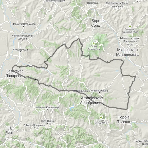 Map miniature of "The Jelenac Adventure" cycling inspiration in City of Belgrade, Serbia. Generated by Tarmacs.app cycling route planner